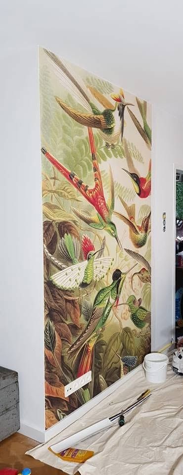 Fotobehang met kolibries op een hoge wand, de vloer afgedekt